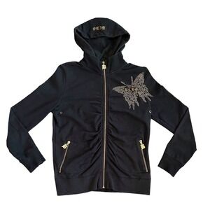 BCBGMAXAZRIA Women's‎ Hoodie Black Rhinestone Butterfly Full Zip Size Medium Y2K